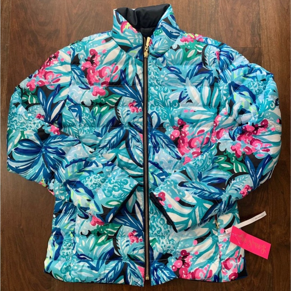 Lilly Pulitzer Reversible Puffer Jacket￼ Size 0 NWT Black Satin